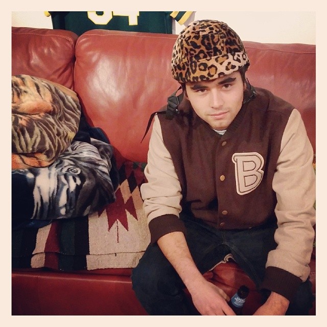Bobby wearing a Cheetah Print Helmut